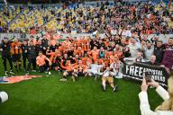 LVIV, UKRAINE - MAY 11, 2024 - Players of FC Shakhtar Donetsk take a group photo upon claiming a 1-0 win over the 2023/24 Ukrainian Premier League Matchday 28 game against FC Dynamo Kyiv at the Arena Lviv, Lviv, western Ukraine. The Miners have won the 2023/24 Ukrainian Premier League title early with a seven-point gap and two rounds before the end of the championship due to the goal of Shakhtarâs midfielder Heorhii Sudakov in the 33rd minute. (Ukrinform/POLARIS