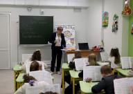 KHARKIV, UKRAINE - MAY 13, 2024 - A teacher gives a lesson at an underground school in Kharkiv, northeastern Ukraine. (Ukrinform/POLARIS