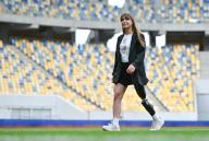 LVIV, UKRAINE - MAY 11, 2024 - Ukrainian servicewoman Ruslana Danilkina, who lost her leg during the war, is pictured on the pitch to perform the first kick at the start of the 2023/24 Ukrainian Premier League Matchday 28 game between FC Dynamo Kyiv and FC Shakhtar Donetsk at the Arena Lviv, Lviv, western Ukraine. The Miners have won the 2023/24 Ukrainian Premier League title early with a seven-point gap and two rounds before the end of the championship due to the goal of Shakhtarâs midfielder Heorhii Sudakov in the 33rd minute. (Ukrinform/POLARIS