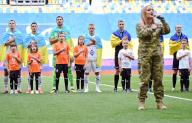 LVIV, UKRAINE - MAY 11, 2024 - Servicewoman of the 126th Separate Brigade of the Ukrainian Territorial Defence Forces Khrystyna Panasiuk performs the national anthem before the start of the 2023/24 Ukrainian Premier League Matchday 28 game between FC Dynamo Kyiv and FC Shakhtar Donetsk at the Arena Lviv, Lviv, western Ukraine. The Miners have won the 2023/24 Ukrainian Premier League title early with a seven-point gap and two rounds before the end of the championship due to the goal of Shakhtarâs midfielder Heorhii Sudakov in the 33rd minute. (Ukrinform/POLARIS