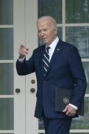 5/14/2024 - Washington, District of Columbia, United States of America: United States President Joe Biden points while walking to the Oval after signing a document imposing major new tariffs on electric vehicles, semiconductors, solar equipment and medical supplies imported from China at the White House in Washington, DC, May 14, 2024. (Chris Kleponis / CNP / Polaris