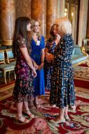 Image Licensed to i-Images / Polaris) Picture Agency. 14/05/2024. London, United Kingdom: King Charles III with artist Jonathan Yeo at the unveiling of the artists new portrait of the King in the blue drawing room at Buckingham Palace in London. ( i-Images / Polaris) / Pool. Pic shows : Queen Camilla talking to the artists