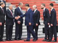 Working trip of Russian President Vladimir Putin to China. From left to right: First Deputy Prime Minister of Russia Denis Manturov, Secretary of the Russian Security Council Sergei Shoigu, Russian Foreign Minister Sergei Lavrov, Chinese President Xi Jinping and Russian President Vladimir Putin during the official welcoming ceremony at the Great Hall of the People on Tiananmen Square. 16.05.2024 China, Beijing (Peking) (Dmitry Azarov\/Kommersant\/POLARIS