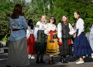ZAPORIZHZHIA, UKRAINE - MAY 16, 2024 - Women in national costumes pose for a picture during the World Vyshyvanka Day celebration on Festyvalna Square, Zaporizhzhia, southeastern Ukraine. (UKRINFORM/POLARIS