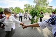 ZAPORIZHZHIA, UKRAINE - MAY 16, 2024 - People dance during the World Vyshyvanka Day celebration on Festyvalna Square, Zaporizhzhia, southeastern Ukraine. (UKRINFORM/POLARIS