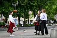 ZAPORIZHZHIA, UKRAINE - MAY 16, 2024 - Women greet each other during the World Vyshyvanka Day celebration on Festyvalna Square, Zaporizhzhia, southeastern Ukraine. (UKRINFORM/POLARIS