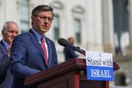 May 16, 2024 - Washington, DC, United States: Speaker of the US House of Representatives Mike Johnson (Republican of Louisiana) gives remarks with House Republican Leaders regarding the Israel Security Act, on the House Steps of the US Capitol in Washington DC, on Thursday, May 16, 2024. (Aaron Schwartz / CNP / Polaris