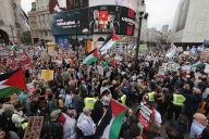 Image Licensed to i-Images \/ Polaris) Picture Agency. 18\/05\/2024. London, United Kingdom: Pro Palestinian March London. Pro Palestinian march starting at Portland Place with supporters of Israel counter protesting at Piccadilly Circus. (Martyn Wheatley \/ i-Images \/ Polaris