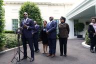 5/16/2024 - Washington, District of Columbia, United States of America: Derrick Johnson, President of the NAACP, with The Brown v. Board of Education plaintiffs speaks to the media after their meeting with US President Joe Biden at the White House in Washington on May 16, 2024. (Yuri Gripas / CNP / Polaris