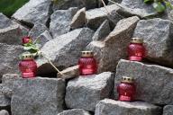 KYIV, UKRAINE - MAY 19, 2024 - Vigil lanterns placed on the rocks are pictured at the Bykivnia Graves National Historical and Memorial Reserve on the Day of Remembrance of the Victims of Political Repressions, Kyiv, capital of Ukraine. (UKRINFORM/POLARIS