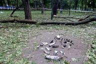 KHARKIV, UKRAINE - MAY 19, 2024 - The fragments of a Russian explosive found after shelling are arranged on the ground, Kharkiv, northeastern Ukraine. (UKRINFORM/POLARIS