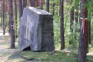 KYIV, UKRAINE - MAY 19, 2024 - The cross is seen on the rock at the Bykivnia Graves National Historical and Memorial Reserve on the Day of Remembrance of the Victims of Political Repressions, Kyiv, capital of Ukraine. (UKRINFORM/POLARIS