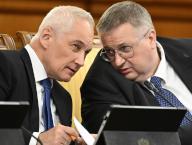 May 23, 2024 - Moscow, Russia: Meeting of the Russian government. Russian Defense Minister Andrei Belousov (left) and Deputy Prime Minister of Russia Alexei Overchuk (right) during the meeting. (Alexander Miridonov/Kommersant/Polaris