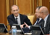 May 23, 2024 - Moscow, Russia: Meeting of the Russian government. From left to right: Deputy Prime Minister of Russia - Chief of Staff of the Russian Government Dmitry Grigorenko, Deputy Prime Ministers of Russia Marat Khusnullin and Dmitry Chernyshenko during the meeting. (Alexander Miridonov/Kommersant/Polaris