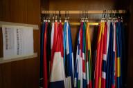 Country flags hang outside a NATO meeting in Prague, Czechia, May 31, 2024. (POLARIS