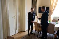 Secretary Antony J. Blinken talks with UK Foreign Minister David Cameron after a meeting with E3 counterparts in Prague, Czechia, May 31, 2024. (POLARIS