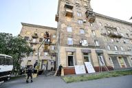 ZAPORIZHZHIA, UKRAINE - JUNE 1, 2024 - A residential building is damaged by the Russian missile attack in Zaporizhzhia, southeastern Ukraine. In Zaporizhzhia, traffic is temporarily blocked across the Dnipro hydropower plantâs dam while 20 houses sustained damage as a result of Russian strikes. In the early hours of Saturday, June 1, Ukraineâs air defence forces shot down 35 cruise missiles and 46 Shahed-131/136 one-way attack drones. In total, Russian troops launched 53 missiles of various types and 47 attack UAVs. (Ukrinform/POLARIS