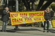 Protesters in Santa Monica, California, are calling for a permanent ceasefire in Gaza. Footage shows the activists holding banners at the sides of roads on April 17. (Photo by Alberto Sibaja\/Pacific Press