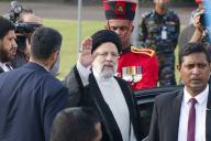 Iran\'s President Ebrahim Raisi waves upon arriving at Bandaranaike International Airport in Katunayake near Colombo to inaugurate a power and irrigation project, unaccompanied by his interior minister who is being sought for arrest over a deadly 1994 bombing. (Photo by Saman Abesiriwardana\/Pacific Press