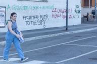 Written in solidarity with the Palestinian people of Gaza on the walls of the buildings of La Sapienza University of Rome (Photo by Matteo Nardone\/Pacific Press