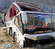 HUB, PAKISTAN, OCT 27: View of damaged passenger bus that was fells down due to over speeding after traffic accident at RCD Highway in Hub on Thursday, October 27, 2022. (Arshad Baloch/PPI Images