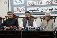 QUETTA, PAKISTAN, APR 25: Awami National Party Central Leader, Engineer Zmarak Khan Achakzai along with others addresses to media persons during press conference held at Quetta press club on Thursday, April 25, 2024. (Sami Khan\/PPI Images