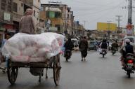 QUETTA, PAKISTAN, APR 25: Donkey-cart riders are using plastic sheet to cover themselves during the downpour, at Double road in Quetta on Thursday, April 25, 2024. (Sami Khan\/PPI Images