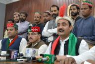 PESHAWAR, PAKISTAN, APR 25: Tehreek-e-Insaf (PTI Minorities Wing) leader, Wazir Zada Khan along with others addresses to media persons during press conference held at Peshawar press club on Thursday, April 25, 2024. (Fahad Pervez\/PPI Images