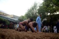 RAWALPINDI, PAKISTAN, APR 26: Wrestlers in action during traditional wrestling Malh Competition held at Liaquat Bagh in Rawalpindi on Friday, April 26, 2024. (Zubair Abbasi\/PPI Images