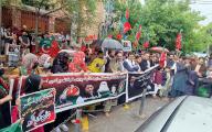 QUETTA, PAKISTAN, APR 26: Activists of Tehreek-e-Insaf (PTI) are holding protest demonstration for release of Imran Khan and his wife, at Quetta press club on Friday, April 26, 2024. (Sami Khan\/PPI Images