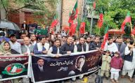 QUETTA, PAKISTAN, APR 26: Activists of Tehreek-e-Insaf (PTI) are holding protest demonstration for release of Imran Khan and his wife, at Quetta press club on Friday, April 26, 2024. (Sami Khan\/PPI Images