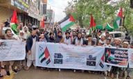 QUETTA, PAKISTAN, APR 26: Members of Sunni Tehreek (PST) are holding protest demonstration against Israeli cruel and inhumane acts and express unity with the innocent people of Palestine, at Quetta press club on Friday, April 26, 2024. (Sami Khan\/PPI Images