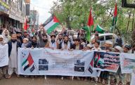QUETTA, PAKISTAN, APR 26: Members of Sunni Tehreek (PST) are holding protest demonstration against Israeli cruel and inhumane acts and express unity with the innocent people of Palestine, at Quetta press club on Friday, April 26, 2024. (Sami Khan\/PPI Images