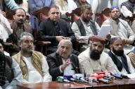 QUETTA, PAKISTAN, MAY 01: Central Anjuman Tajran Balochistan President, Abdul Rahim Kakar along with others addresses to media persons during press conference held in Quetta on Wednesday, May 1, 2024. (Sami Khan\/PPI Images