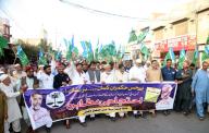 MULTAN, PAKISTAN, MAY 05: Leaders and supporters of Jamat-e-Islami (JI Kissan Wing) are holding protest demonstration for acceptance of their demands, held in Multan on Sunday, May 5, 2024. (Abdul Sattar\/PPI Images