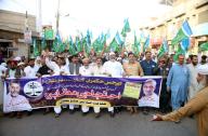 MULTAN, PAKISTAN, MAY 05: Leaders and supporters of Jamat-e-Islami (JI Kissan Wing) are holding protest demonstration for acceptance of their demands, held in Multan on Sunday, May 5, 2024. (Abdul Sattar\/PPI Images