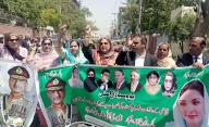MULTAN, PAKISTAN, MAY 08: Members of Muslim League (PML-N) are holding protest demonstration for demanded exemplary punishment for the violators of 9th May tragedy, held in Multan on Wednesday, May 8, 2024. (Abdul Sattar\/PPI Images