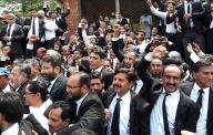 LAHORE, PAKISTAN, MAY 09: Lawyers are holding protest demonstration against Punjab Police over alleged violence against lawyers at GPO Chowk, at High Court in Lahore on Thursday, May 9, 2024. (Babar Shah\/PPI Images