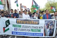 RAWALPINDI, PAKISTAN, MAY 15: Students of NUML University are holding rally to express their solidarity with the US students for raising their voice in favor of Palestine, in Rawalpindi on Wednesday, May 15, 2024. (Zubair Abbasi\/PPI Images