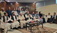 QUETTA, PAKISTAN, MAY 15: Balochistan Chief Minister, Mir Sarfaraz Bugti along with officials of the Zamindar Action Committee addresses to media persons during press conference held at CM House in Quetta on Wednesday, May 15, 2024. (Sami Khan\/PPI Images