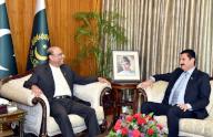 ISLAMABAD, PAKISTAN, MAY 16: President, Asif Ali Zardari exchanging views with Faisal Karim Kundi, Governor Khyber Pakhtunkhwa (KPK) during meeting held at Aiwan-e-Sadr in Islamabad on Thursday, May 16, 2024. (PPI Images