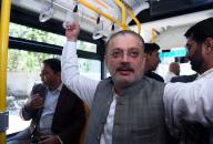 KARACHI, PAKISTAN, MAY 16: Sindh Minister for Information, Transport and Mass Transit, Excise Taxation and Narcotics Control, Sharjeel Inam Memon travelling in Orange Line Bus after inauguration ceremony of Orange Line Bus Service project, at Orangi Town in Karachi on Thursday, May 16, 2024. (S.Imran Ali\/PPI Images