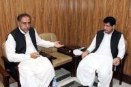QUETTA, PAKISTAN, MAY 16: Provincial Minister for Planning and Development, Mir Zahoor Ahmed Baledi exchanging views with Mir Saleem Khosa, Provincial Minister for Communication and Works Department during meeting held in Quetta on Thursday, May 16, 2024. (Sami Khan/PPI Images