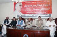 QUETTA, PAKISTAN, MAY 18: Pashtunkhwa Milli Awami Party (PKMAP) leaders, Raza Muhammad Raza, Nasrullah Zerai Prof. Barkat Shah and others sit on stage during the condolence reference on the death anniversary of Abdul Rahim Khan Mandokhail arranged by Pashtun National Network, held at Quetta press club on Saturday, May 18, 2024. (Sami Khan/PPI Images