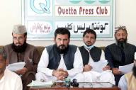 QUETTA, PAKISTAN, MAY 18: Junior Teachers Association Balochistan President, Yousuf Khan Kakar along with others addresses to media persons during press conference held at Quetta press club on Saturday, May 18, 2024. (Sami Khan/PPI Images