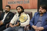 KARACHI, PAKISTAN, MAY 18: Wrestler Bilawal Afridi along with others addresses to media persons during press conference regarding participation in the competition in Nepal, at Karachi press club on Saturday, May 18, 2024. (Bahzad Khan/PPI Images