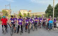 LAHORE, PAKISTAN, MAY 19: Participants are holding cycle rally for awareness of environmental climate changes organized by Pakistan Kissan Rabita Committee held in Lahore on Sunday, May 19, 2024. (Babar Shah/PPI Images