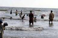 KARACHI, PAKISTAN, MAY 19: A large numbers of people are enjoying and cooling themselves during a hot weather of summer season, at sea view beach in Karachi on Sunday, May 19, 2024. (S.Imran Ali/PPI Images