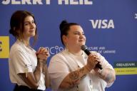 KYIV, UKRAINE - APRIL 25, 2024 - Singers Yana Shemaieva (Jerry Heil) (L) and Alona Savranenko (alyona alyona) who will represent Ukraine at the Eurovision Song Contest 2024 attend the news conference held to announce the launch of the My Voice