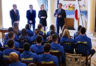 KYIV, UKRAINE - MAY 09, 2024 - Ambassador Extraordinary and Plenipotentiary of Japan to Ukraine Matsuda Kuninori (L) is visited in his residence by a delegation of deaflympians, Ukrainian volleyball players with hearing impairments who will